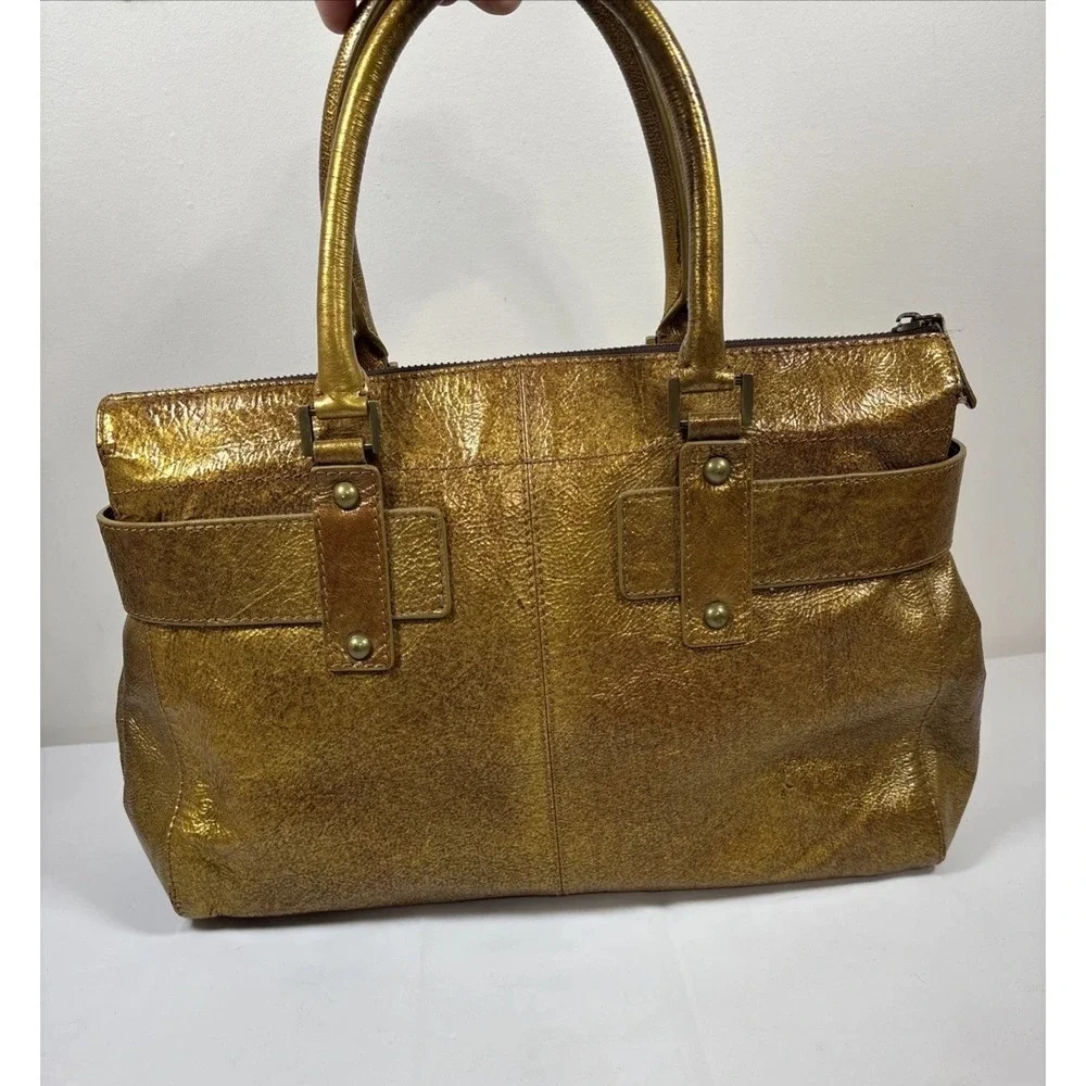 RAFE New York Metallic Gold Leather Handbag Purse Buckle DoubleHandle Retro Chic